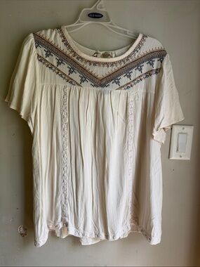 Knox rose Cream Boho Embroidered Tunic with Navy & Tan Accents